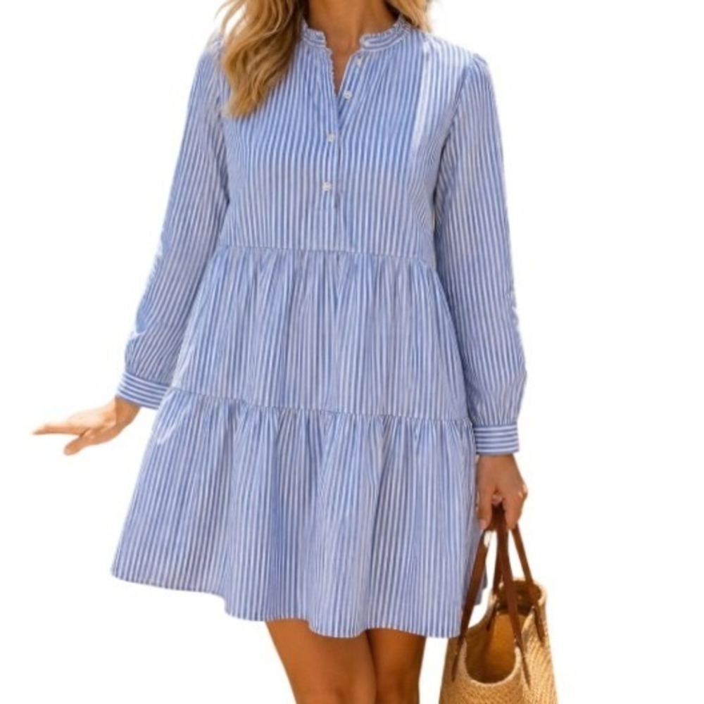 J. Crew Womens S Blue White Striped Stretch Cotton Poplin Tiered Dress